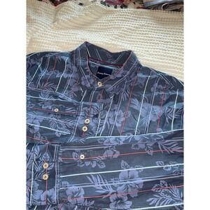 Tommy Bahama Button Down Shirt Mens XXL Blue Floral Silk Blend Striped LS